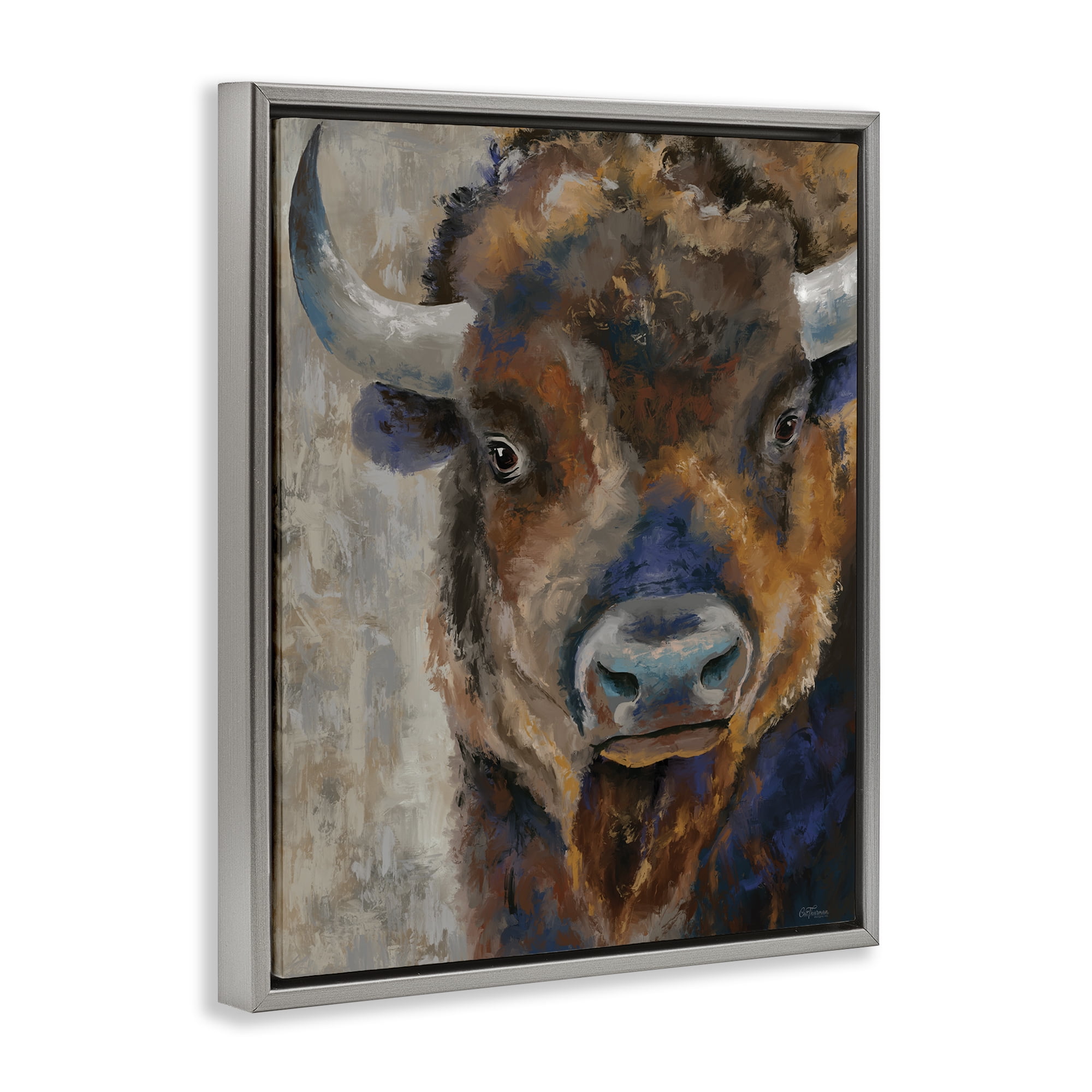 Stupell Industries Bison Rustic Portrait Animals & Insects Painting Gray Floater Framed Canvas Art Print Wall Art, 17 x 21