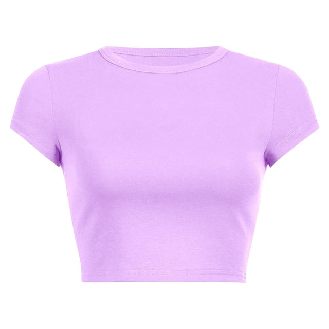 Prolriy Hauts d'Été pour Femmes 2025 T-Shirt Court à Col Rond Uni d'Été pour Femmes Violet2 TTG
