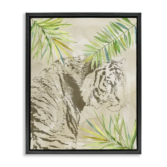 Stupell Industries Tiger Impression & Palms Animals Painting Black Floater Framed Canvas Art Print Wall Art, 17 x 21