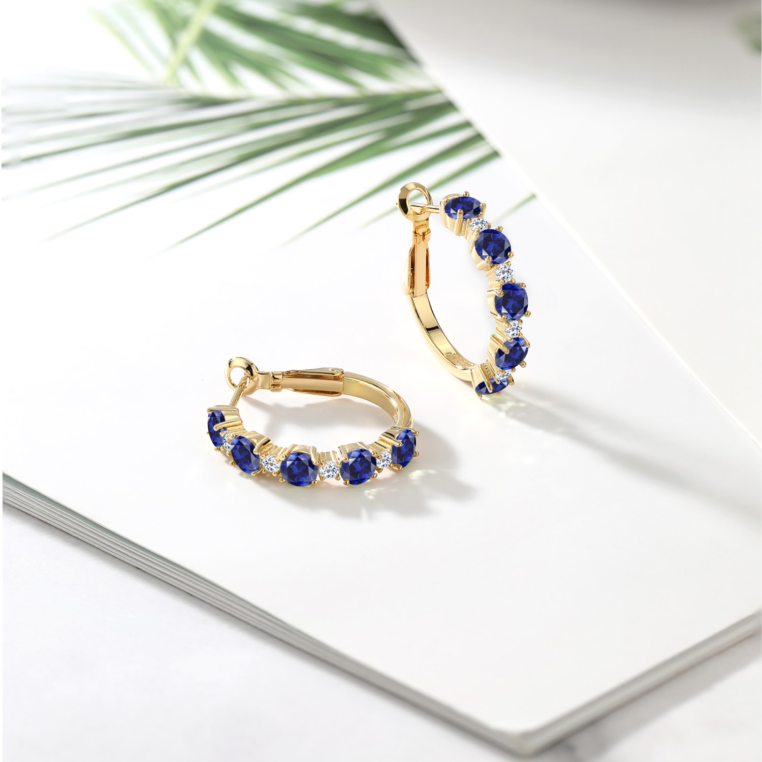 Gem Stone King 18K Yellow Gold Plated Silver Blue Created Sapphire and White Topaz Hoop Earrings for Women (2.82 Cttw, Round 4MM and 1.9MM, Gemstone Birthstone 1 inch Diameter)