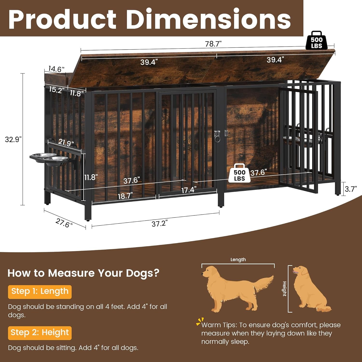 Frmobepts 78 Inch Double Dog Crate Furniture, Heavy Duty Extra Large Cage Furniture with Divider for 2 Dogs, Decorative Wooden Kennel Furniture Indoor, Metal Pet House for Large and Medium Dogs