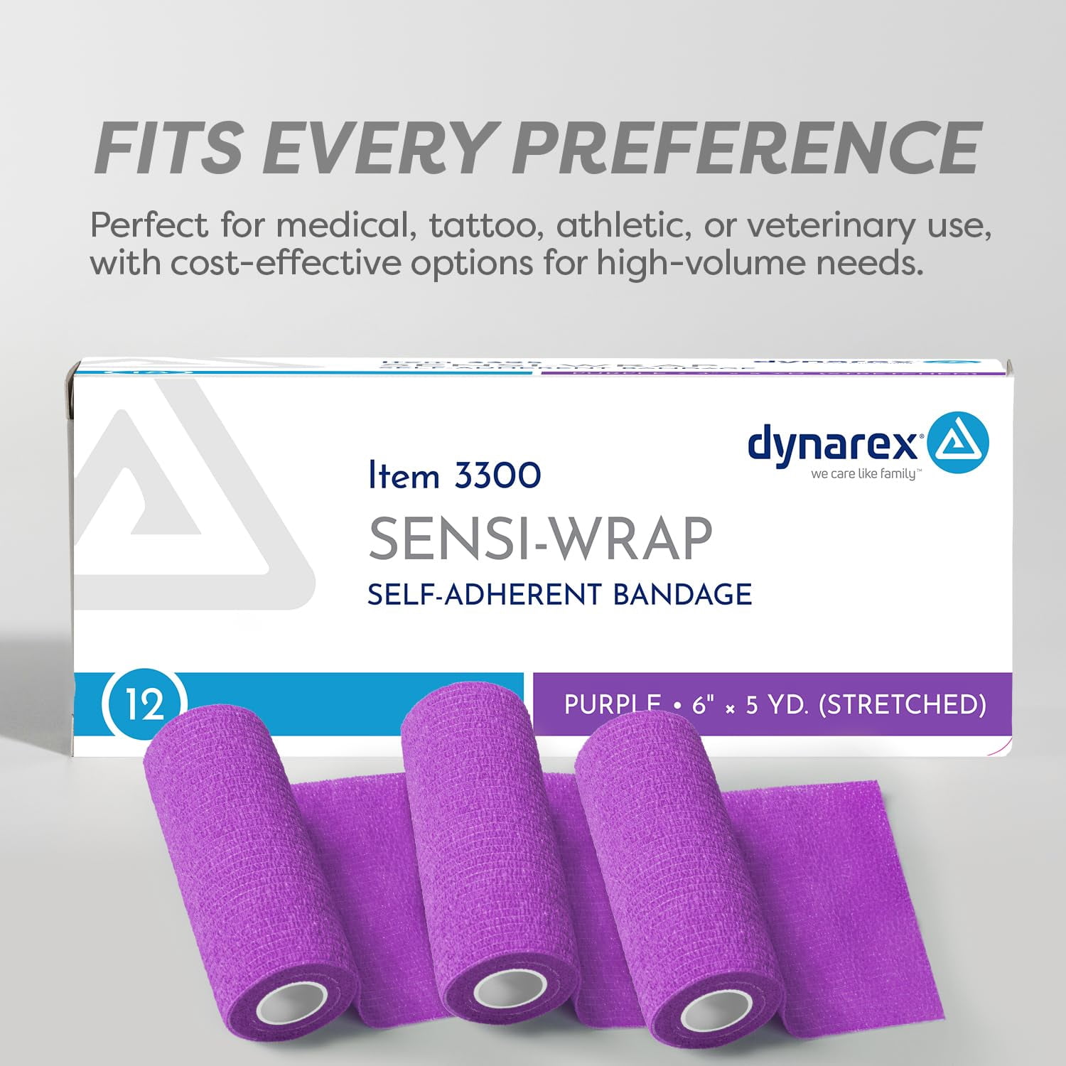 Dynarex Sensi-Wrap Self-Adhesive Bandages, 12-Pack, 6" x 5 yards, Purple, Latex, Colored Elastic Cohesive Athletic Tape, Tattoo Grip & Vet Wrap