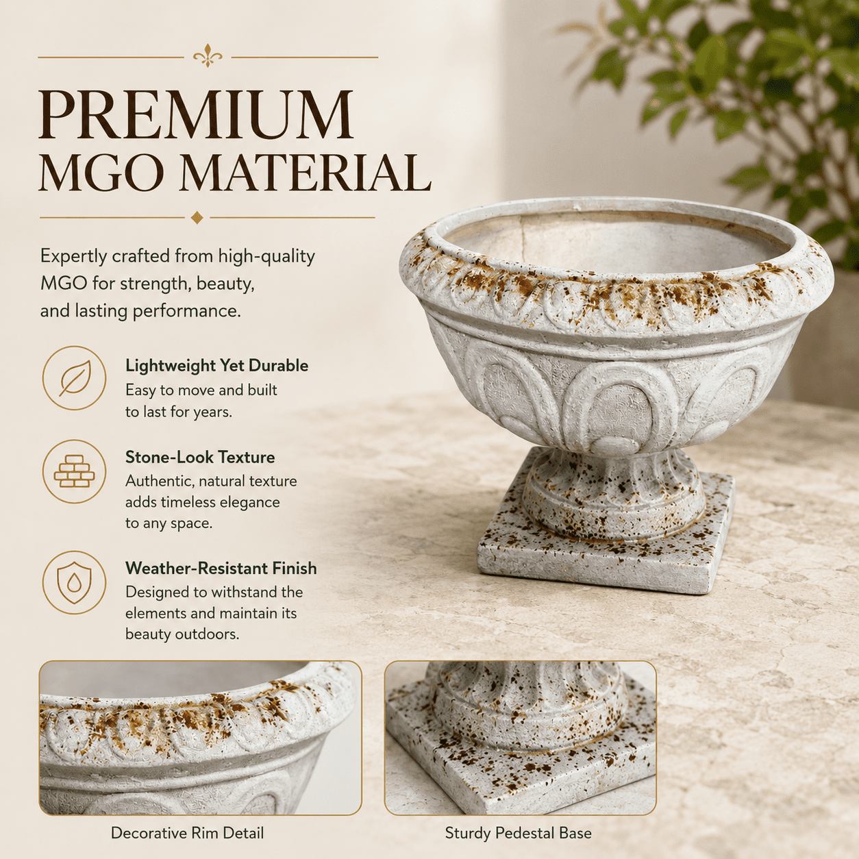 Aukfa Large MGO Garden Urn Planter, Outdoor Tall Decorative Stone-Look Flower Pot with Drainage Hole & Weather-Resistant, White
