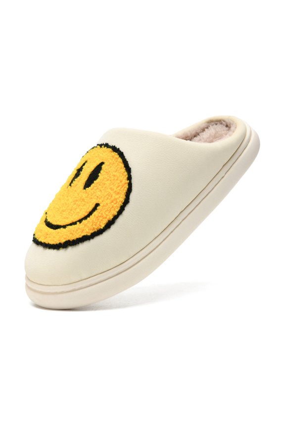 Smile Face Slippers for Women Fuzzy, Cute PU Leather Fluffy House Slippers, Plush Memory Foam Slippers Cozy Slip-On Shoes