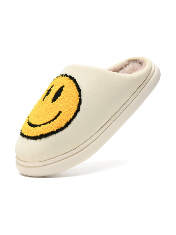 Smile Face Slippers for Women Fuzzy, Cute PU Leather Fluffy House Slippers, Plush Memory Foam Slippers Cozy Slip-On Shoes
