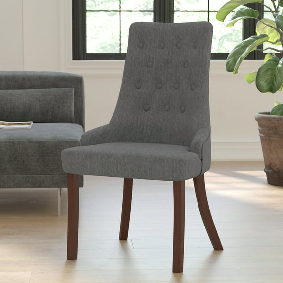 Emma Oliver Gray Fabric Tufted Chair with Curved Mahogany Legs