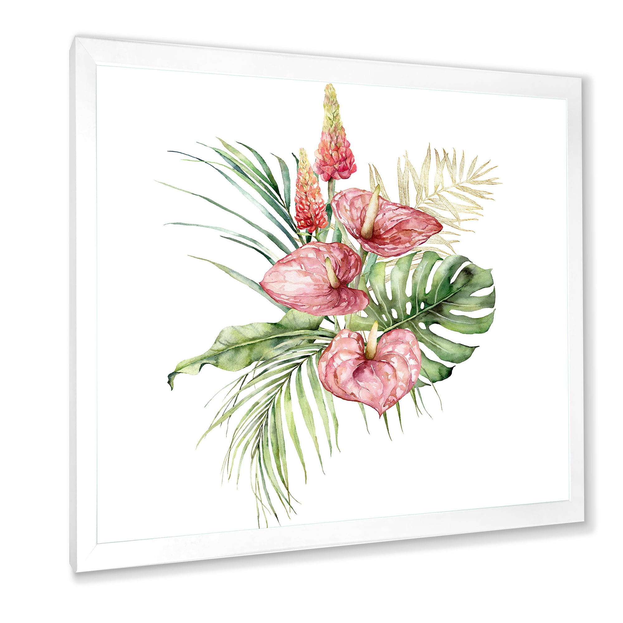 Designart 'Tropical Bouquet With Anthurium Lupine and Leaves On White I' Traditional Framed Art Print