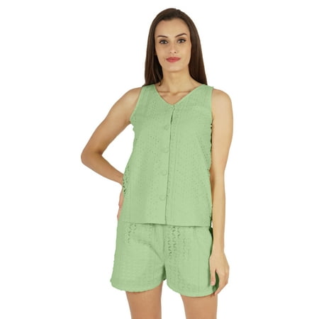 

Bimba Sexy Schiffli Nightwear Set For Womens 2 Pcs Summer V-Neck Sleeveless Loungewear