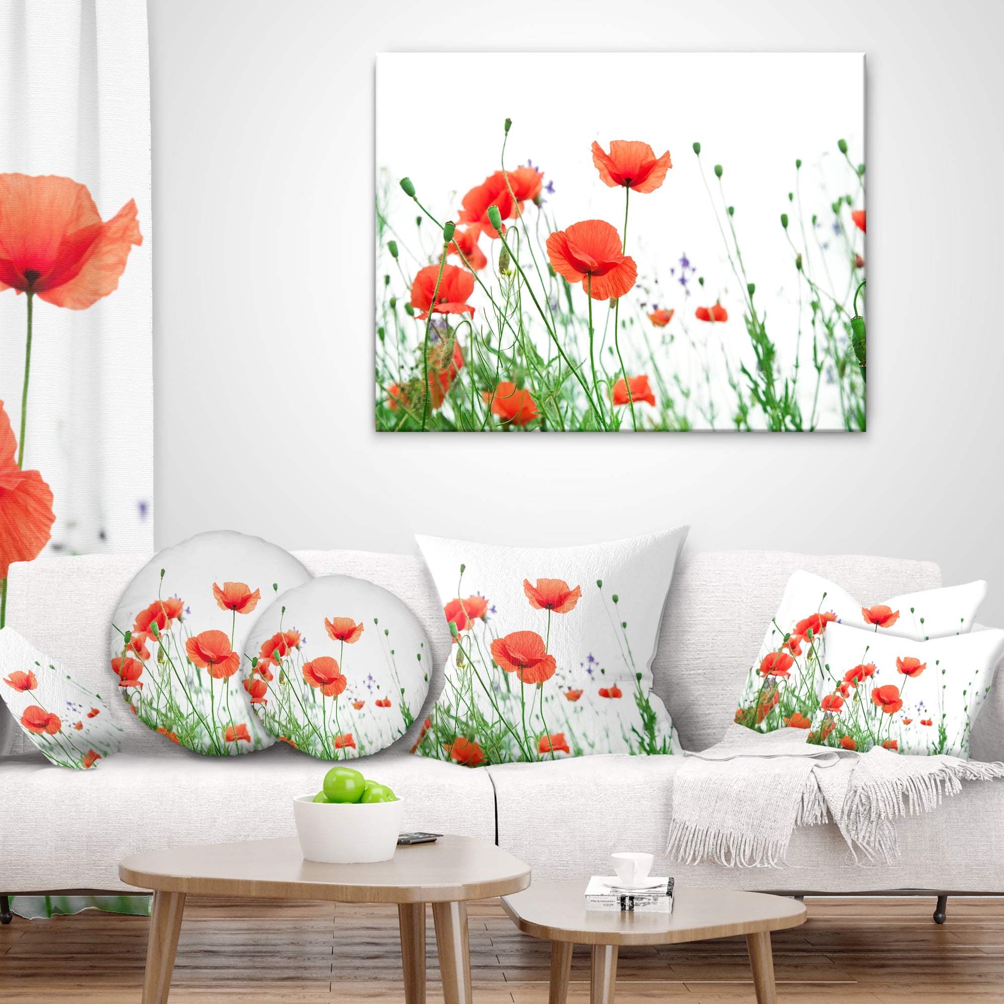 Designart Poppy Flowers on White Background - Floral Throw Pillow - 12x20