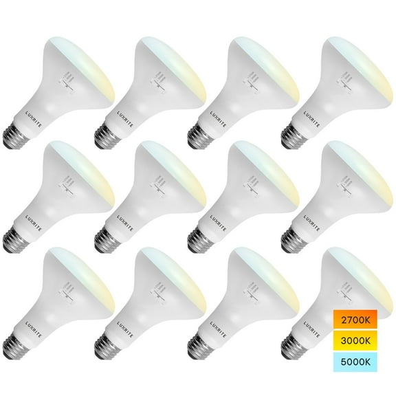 Luxrite 12-Pack BR30 LED Flood Light Bulb, 3 Color Selectable, Dimmable, 850 Lumens, 10 Watt, Damp Rated