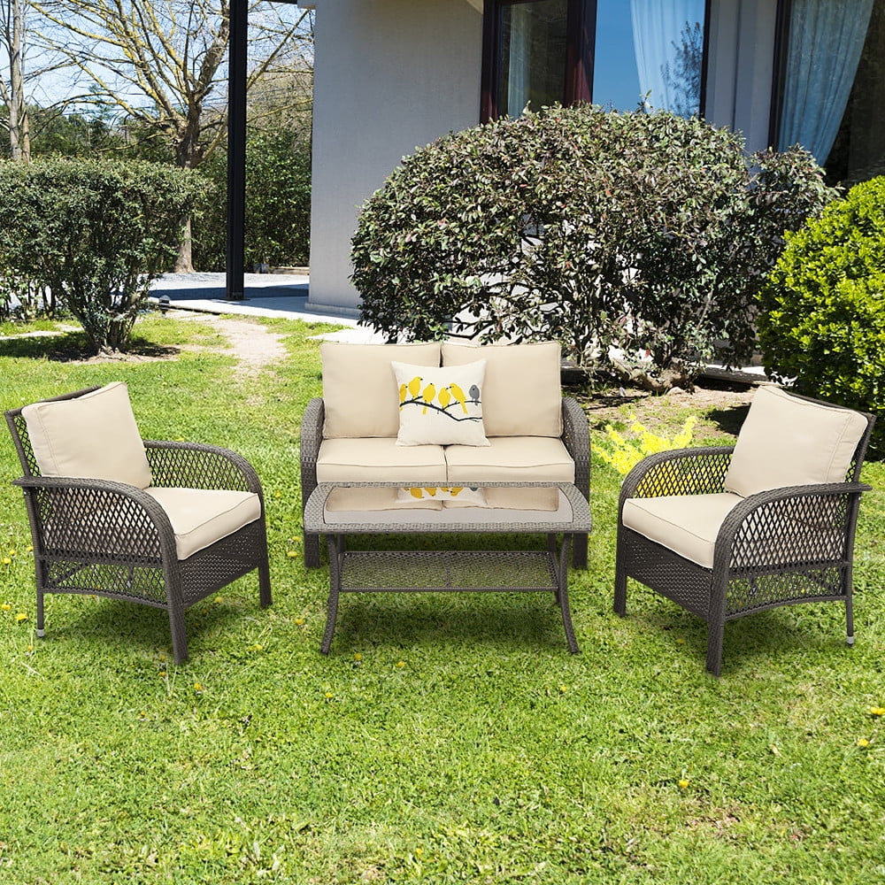 4Pcs PE Rattan Patio Furniture Set Outdoor Home Beige Cushioned Seat Wicker Sofa 