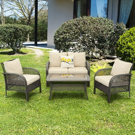 Superjoe 4 Pcs Patio Furniture Set All-Weather Wicker Rattan Conversation Set Outdoor Sofa with Coffee Table Beige Cushion