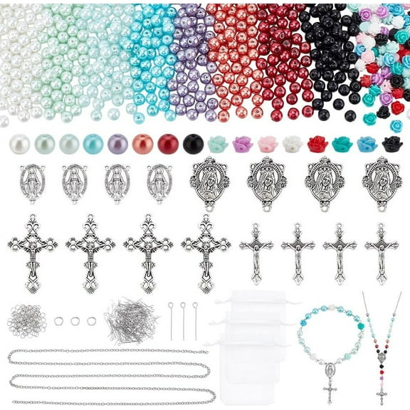 767pcs Rosary Jewelry Making Kit Prayer Necklace Supplies 8mm Round Pearl Beads Charms Pendants Flower Rose Beads DIY