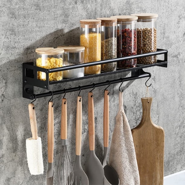 Soporte para utensilios de cocina con 6 ganchos, pegado/perforado, 2 formas de instalar el estante de almacenamiento de utensilios de cocina, estante de almacenamiento de utensilios de cocina montado