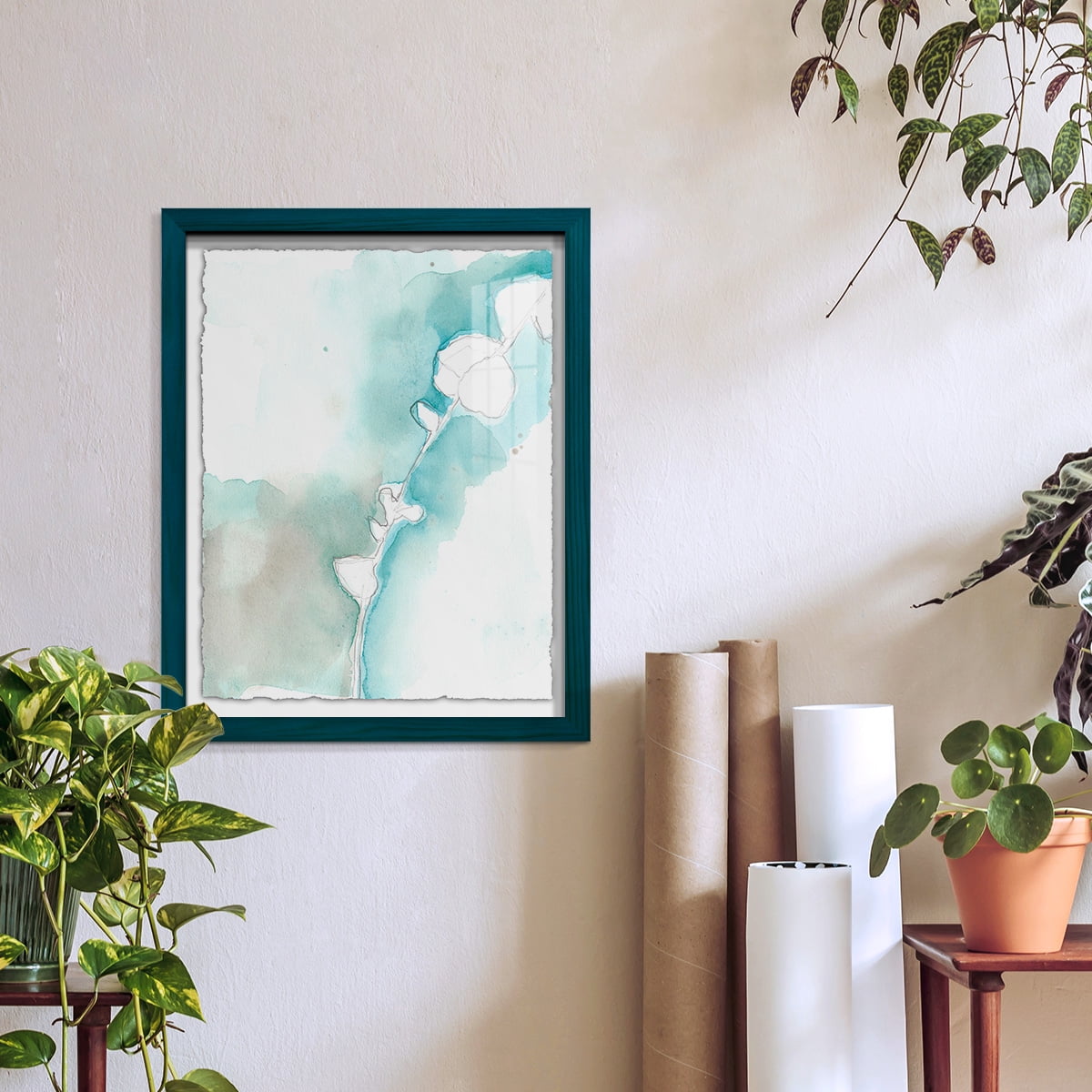Ginkgo on Dusty Teal VII - Framed Print w/glass - Ocean Blue