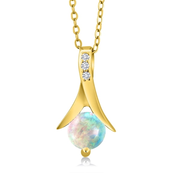 Gem Stone King 0.35 Ct Round Cabochon White Simulated Opal E-F Lab Grown Diamond 18K Yellow Gold Plated Silver Pendant with Chain