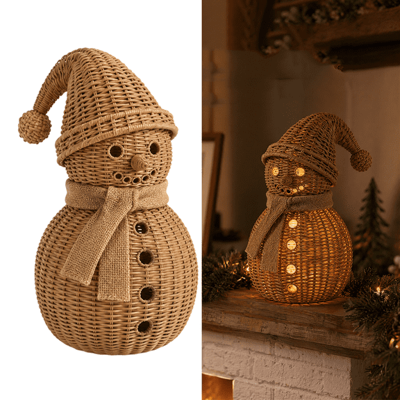 Offaod Handwoven Rattan Snowman, Light-Up Wicker Christmas Snowman Decoration with Removable Hat, Vintage Winter Centerpiece Table Decor Gift Farmhouse for Party Home Kitchen Shelf