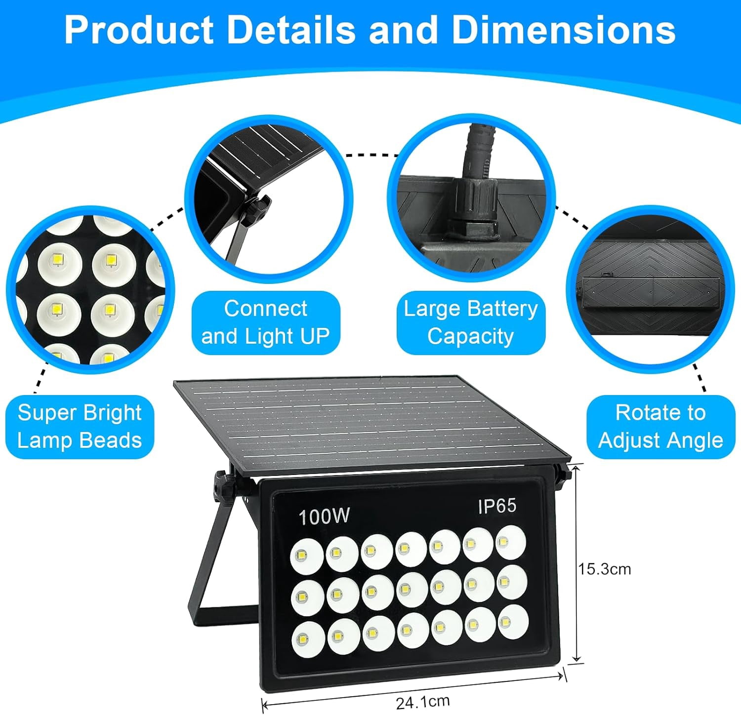Indmird 100W Solar Powered Security Lights, Solar Lights Outdoor Waterproof, Dusk to Dawn  6500K Cool White, for Porch, Patio, Yard, Garage, Garden