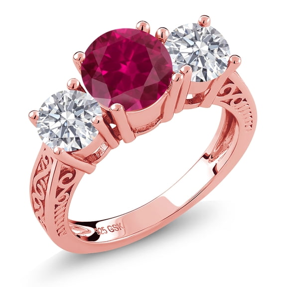 Gem Stone King 2.55 Ct Red Created Ruby White Lab Grown Diamond 18K Rose Gold Plated Silver Ring (Size 8)