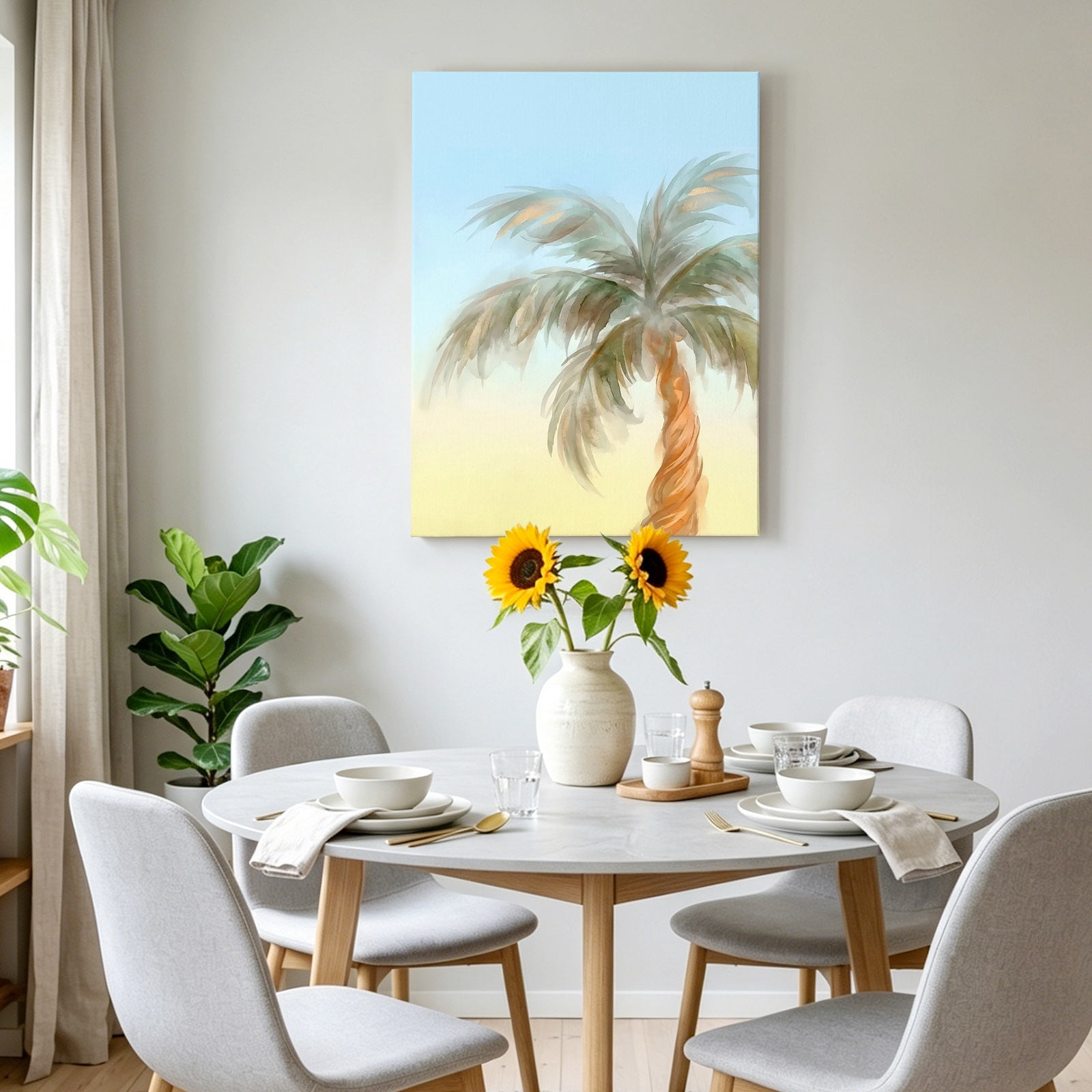 Summer Palm Tree Canvas Wall Art for Living Room, Coastal Tropical Plant Watercolor Texture Poster Print Painting for Bedroom Office Home Decoration Wall Pictures Prepare To Hang 22"x28"