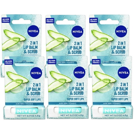 6 Pack - Nivea 2in1 Lip Balm & Scrub Super Soft Lips, Aloe Vera + Vitamin E, 0.17 oz (4.8 g)