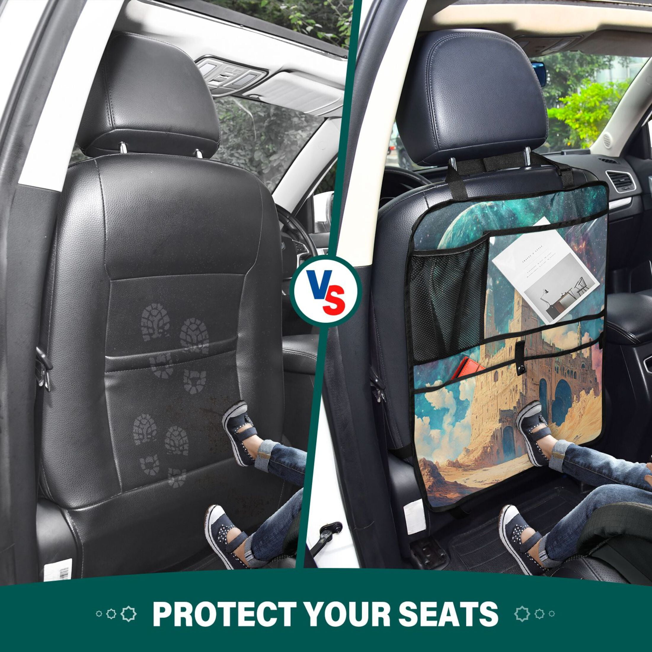 WOBOGO Blue Moon Backseat Car Organizer 2 PCS Footed Universal Car with Touch Screen Tablet Holder Rear Seat Protector