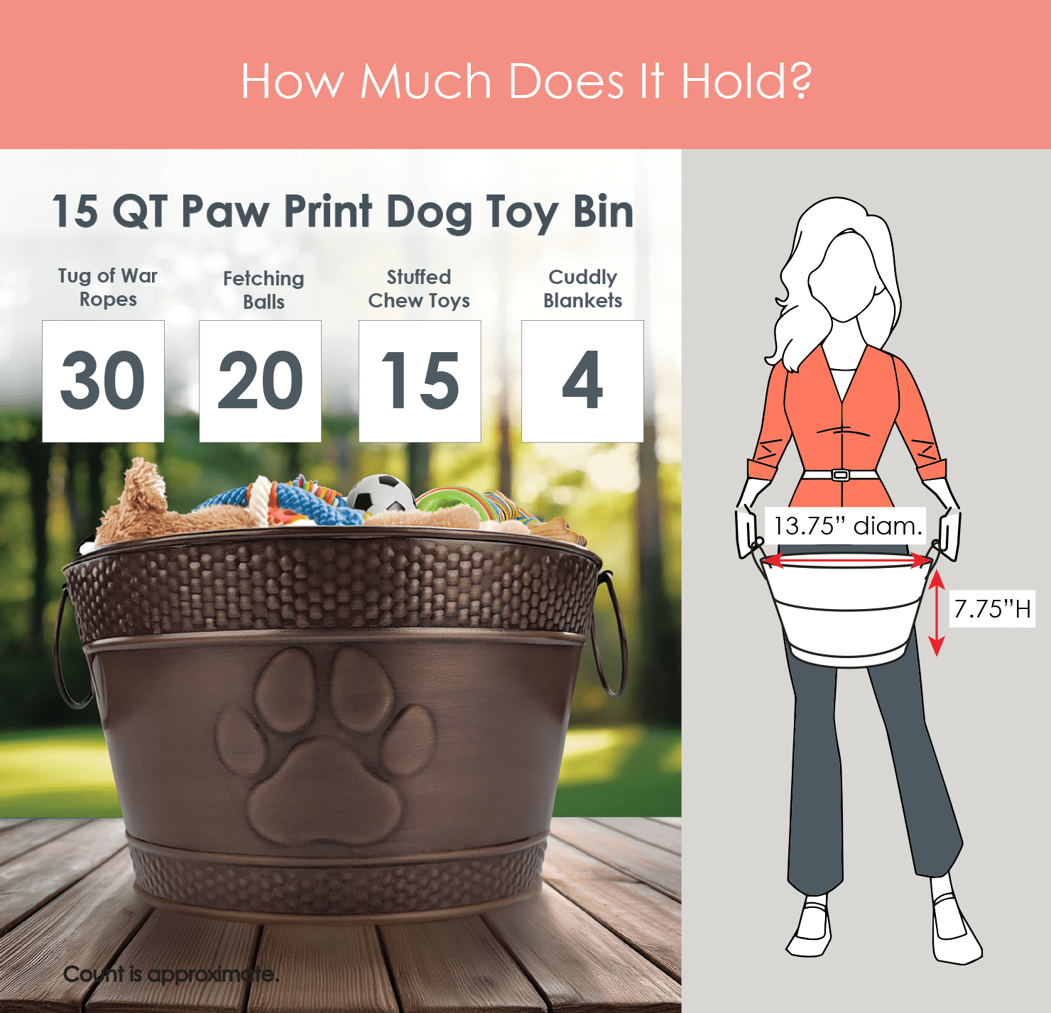 BREKX Metal Dog Toy Bin with Handles, Copper Finish, Storage Baskets (1 Pack)