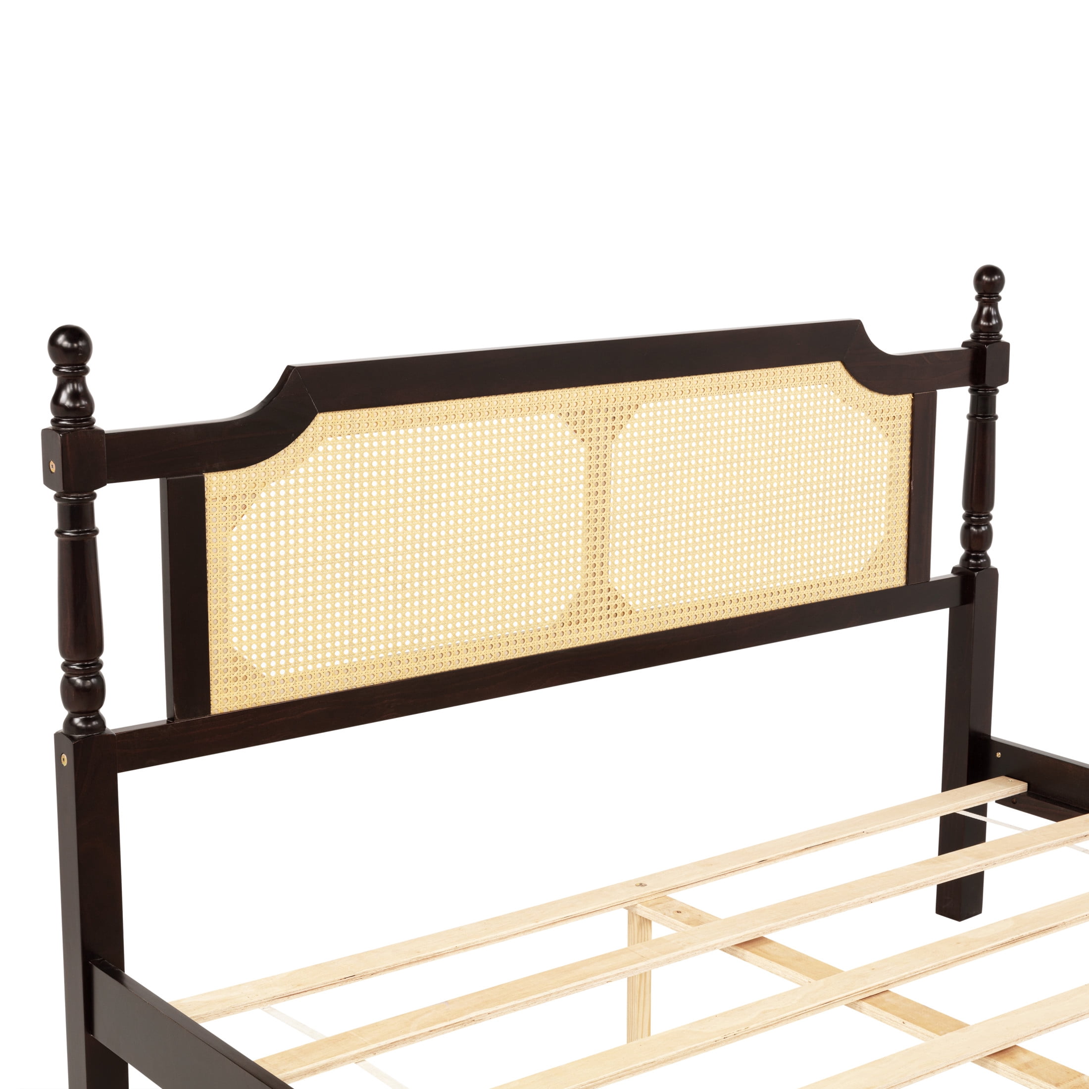 Noble House Elsie Queen Bed, Pine Wood Frame with Rattan Headboard & Footboard, Enhanced Slat Platform, Espresso