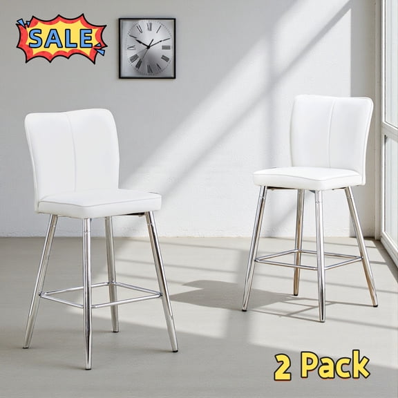 Tcbosik Counter Height Bar Stools Set of 2, PU Leather Upholstered Barstool with Back and Metal Legs for Kitchen Island, Dining Room, White Silver