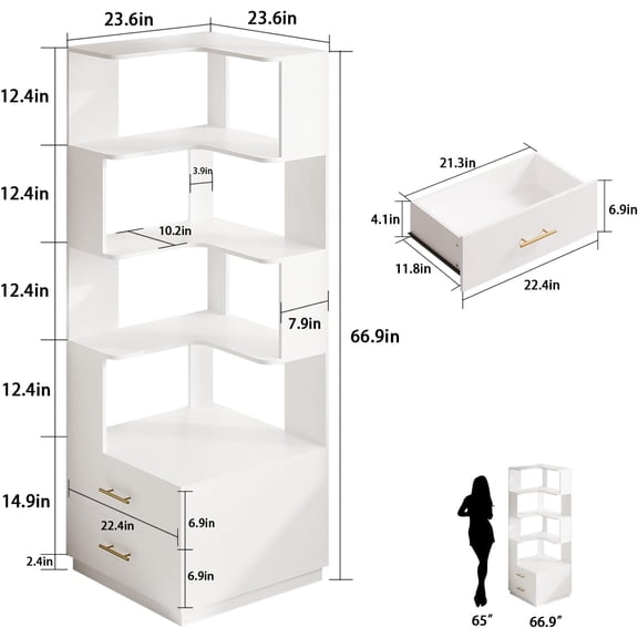 Corner Bookshelf with Drawers, 5 Tier L Shaped Storage Shelf Stand for Home Office Bedroom Living Room Kitchen, White