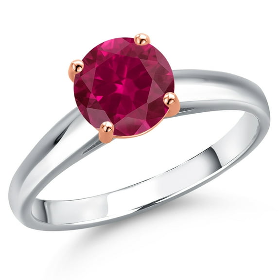 Gem Stone King 925 Silver and 10K Rose Gold Red Created Ruby Solitaire Engagement Ring for Women | 1.55 Cttw | Round 7MM | Gemstone July Birthstone | Size 8