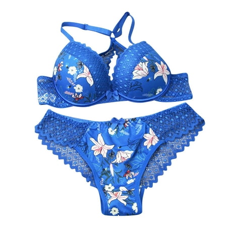 

Gyouwnll Sexy Embroidery Lace Extreme Padded Push Up Underwear Bra Set Bra Sets Blue 80C