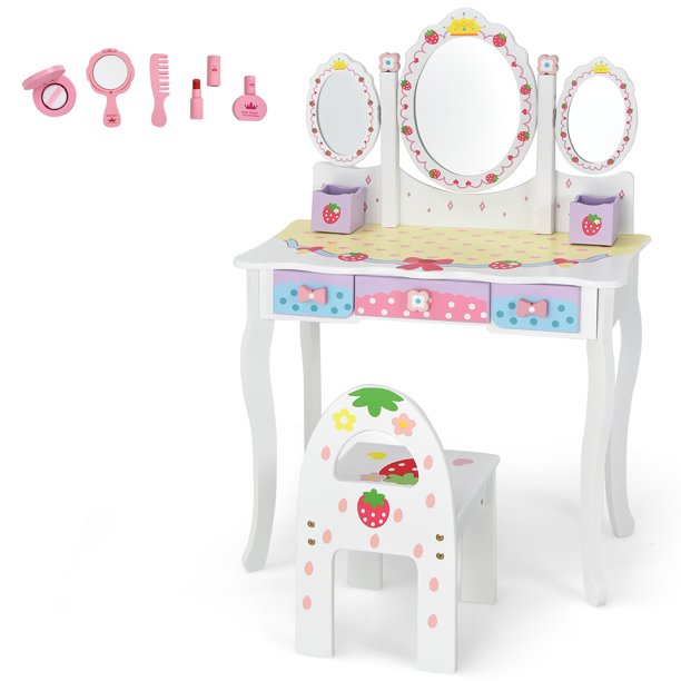 Infans Kids Vanity Princess Makeup Dressing Table Chair Set w/ Tri-fold ...