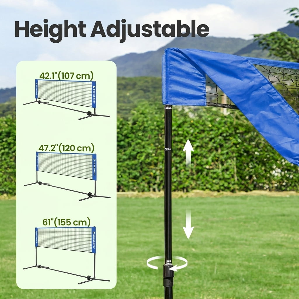 LEDREM Adjustable Sports Net for Badminton, Volleyball, Pickleball & Junior Tennis, 16.5ft Wide Portable Net System with Poles & Carry Bag, Blue
