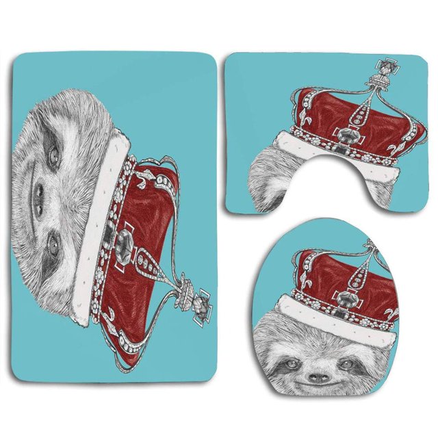ABPHQTO Pereza Lindo Dibujado Mano Imperial Antiguo Corona Rey Tema Pereza Juego de alfombras de baño de 3 piezas Alfombra de baño Alfombra de contorno y tapa de inodoro