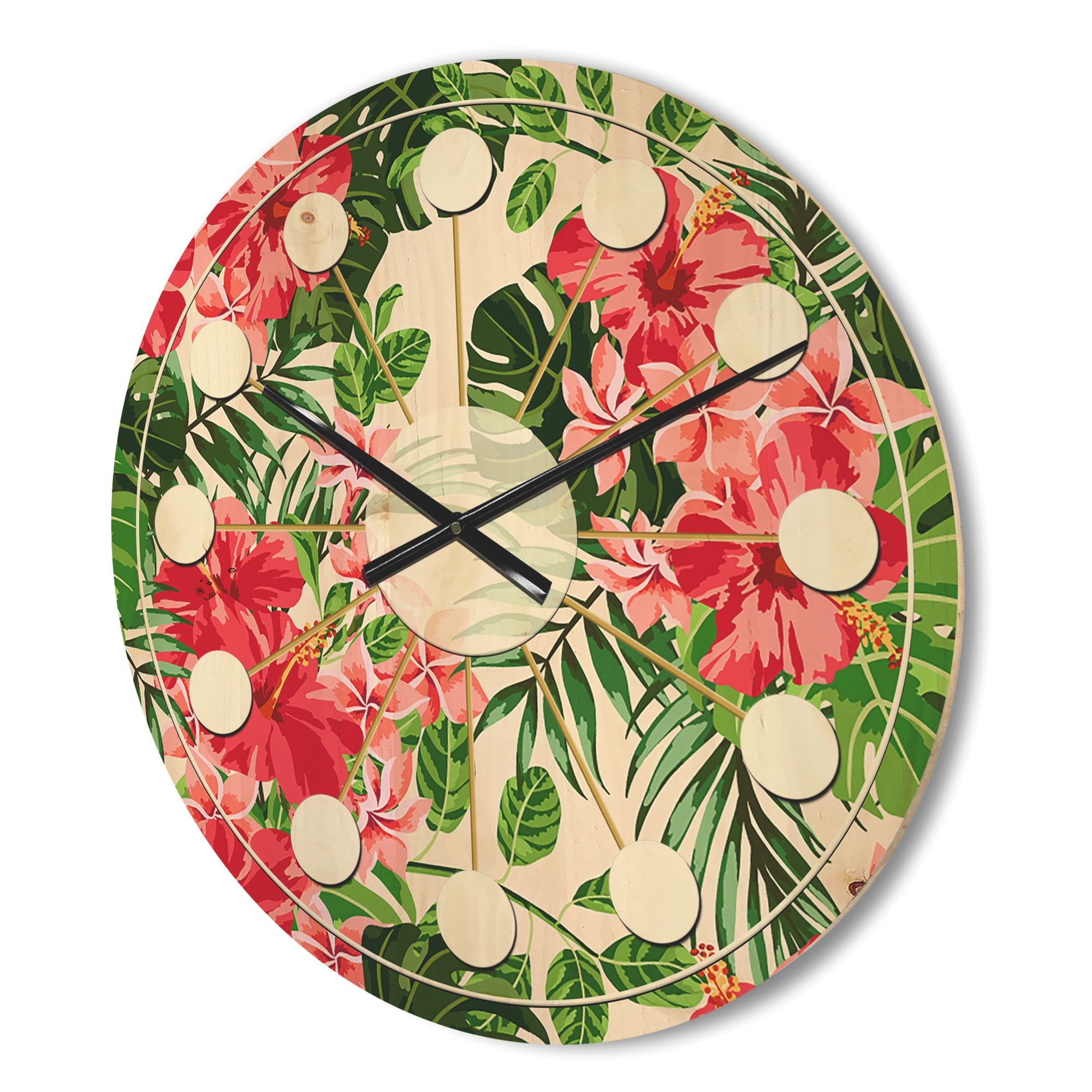 Designart 'Tropical Flowers and Leaves I' Mid-Century Modern Wood Wall Clock