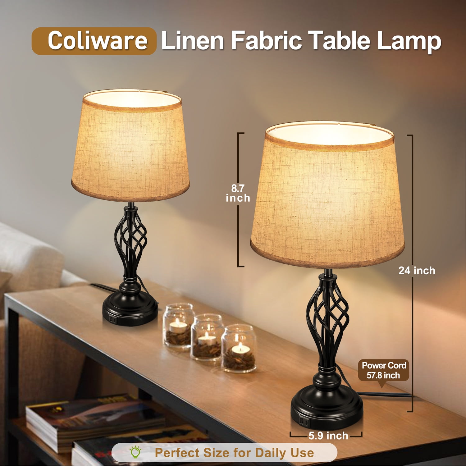 Coliware Table Lamp Set of 2, Traditional Dimmable Desk Lamps with Touch Control USB Charging Port, Farmhouse Tapered Drum Shade Bedside Nightstand Lamps for Living Room Bathroom Bedroom