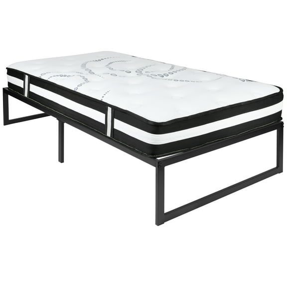 Flash Furniture 14 Inch Metal Platform Bed Frame with 10 Inch or 12 inch Pocket Spring Mattress in a Box