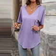 thumbnail image 5 of Kinrui Womens Short Sleeve Hooded T-Shirts Casual V Neck Loose Fit Lightweight Solid Color Pullover Top Purple 2XL, 5 of 8