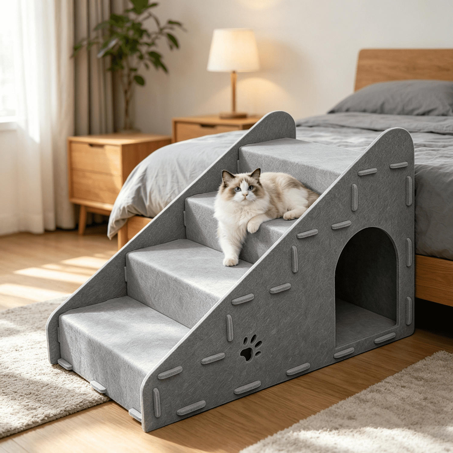 4‑Step Steps for Cats, Stable Non‑Slip Cat Ramp Stairs, Portable Cat Steps for Couch, Bed, Car, Ideal for Puppies, Senior & Injured Cats, Grey 60*30*38cm