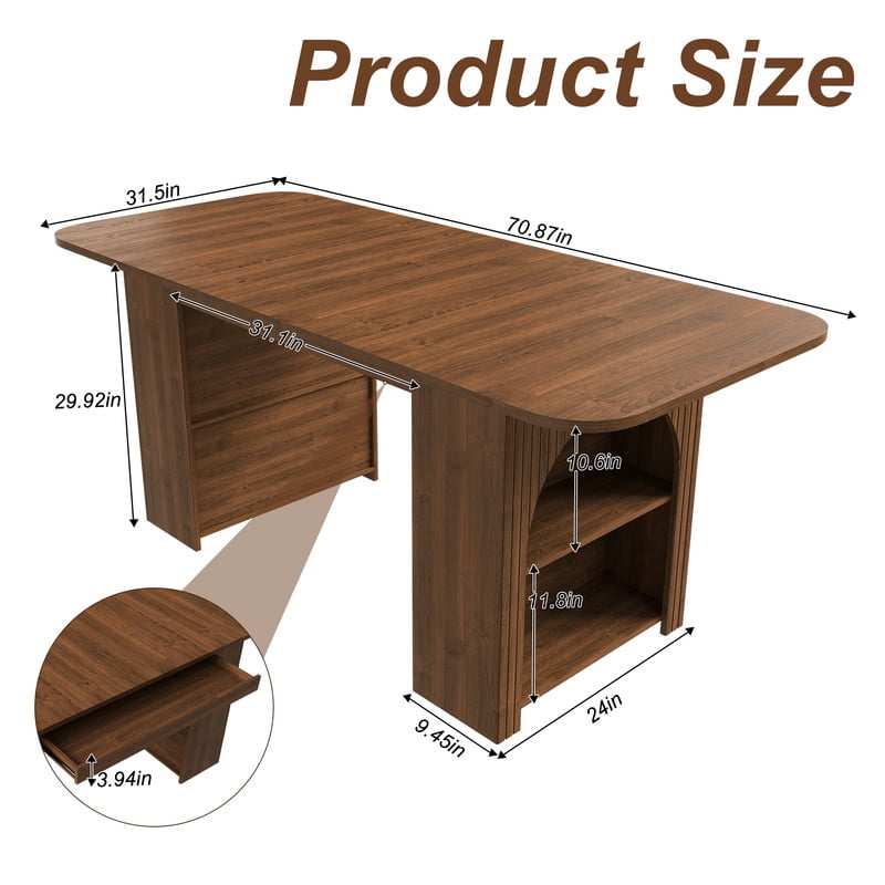 70.87-in Long Mid-Century Modern Dining Table for 4-6, MDF Wooden Kitchen Lunch Table with Drawers & Open Storage Shelf