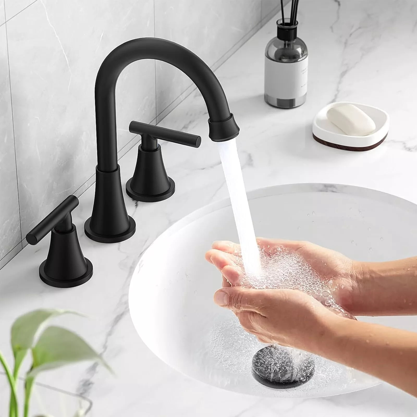 Black Bathroom Sink Faucet 3 Holes Widespread Vanity Mixer Faucet w Pop up Drain