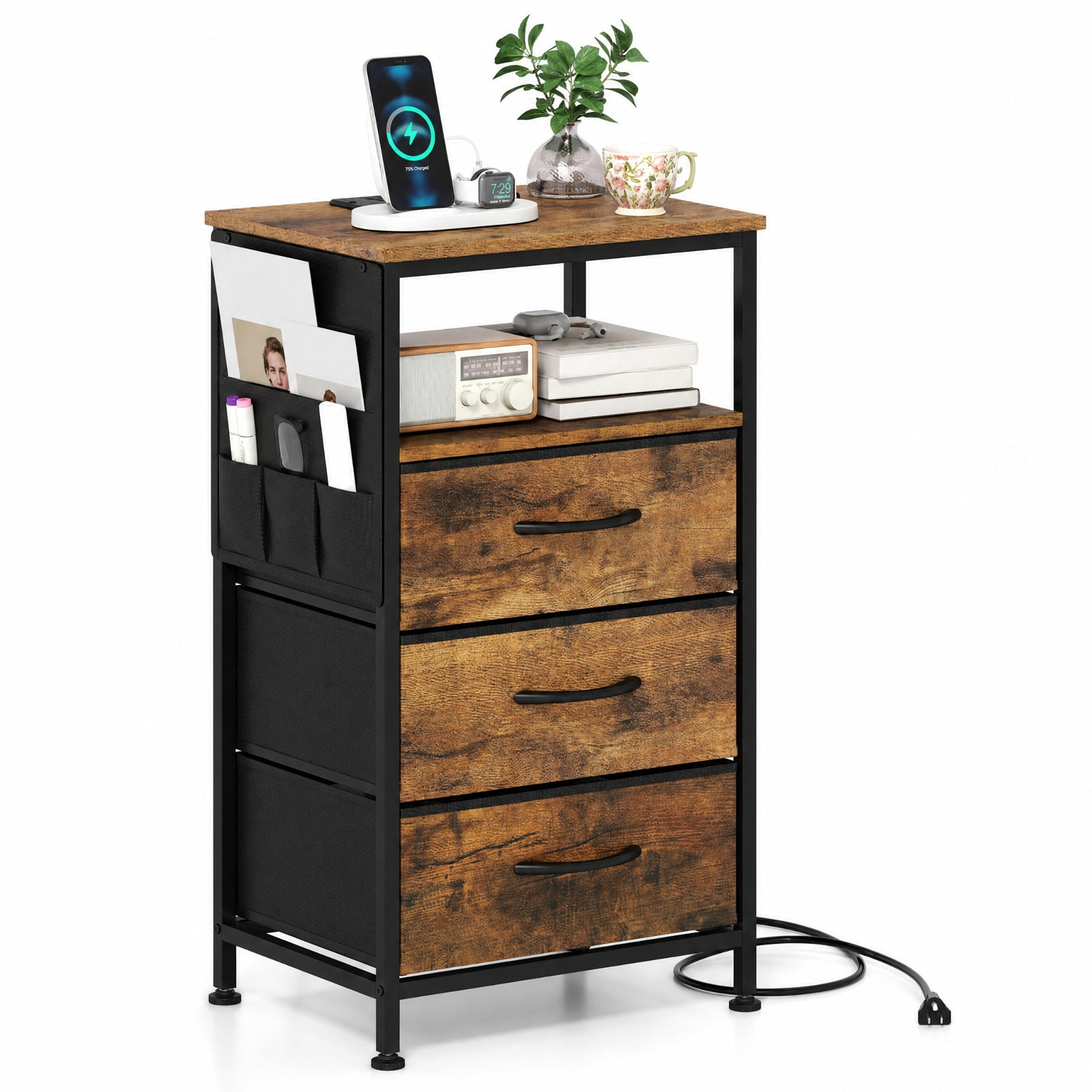 Furnibear Nightstand with Charging Station 27.5 inch Modern Bedside Table with 3 Fabric Drawers for Bedroom Living Room Bedside Sofa, Rustic Brown