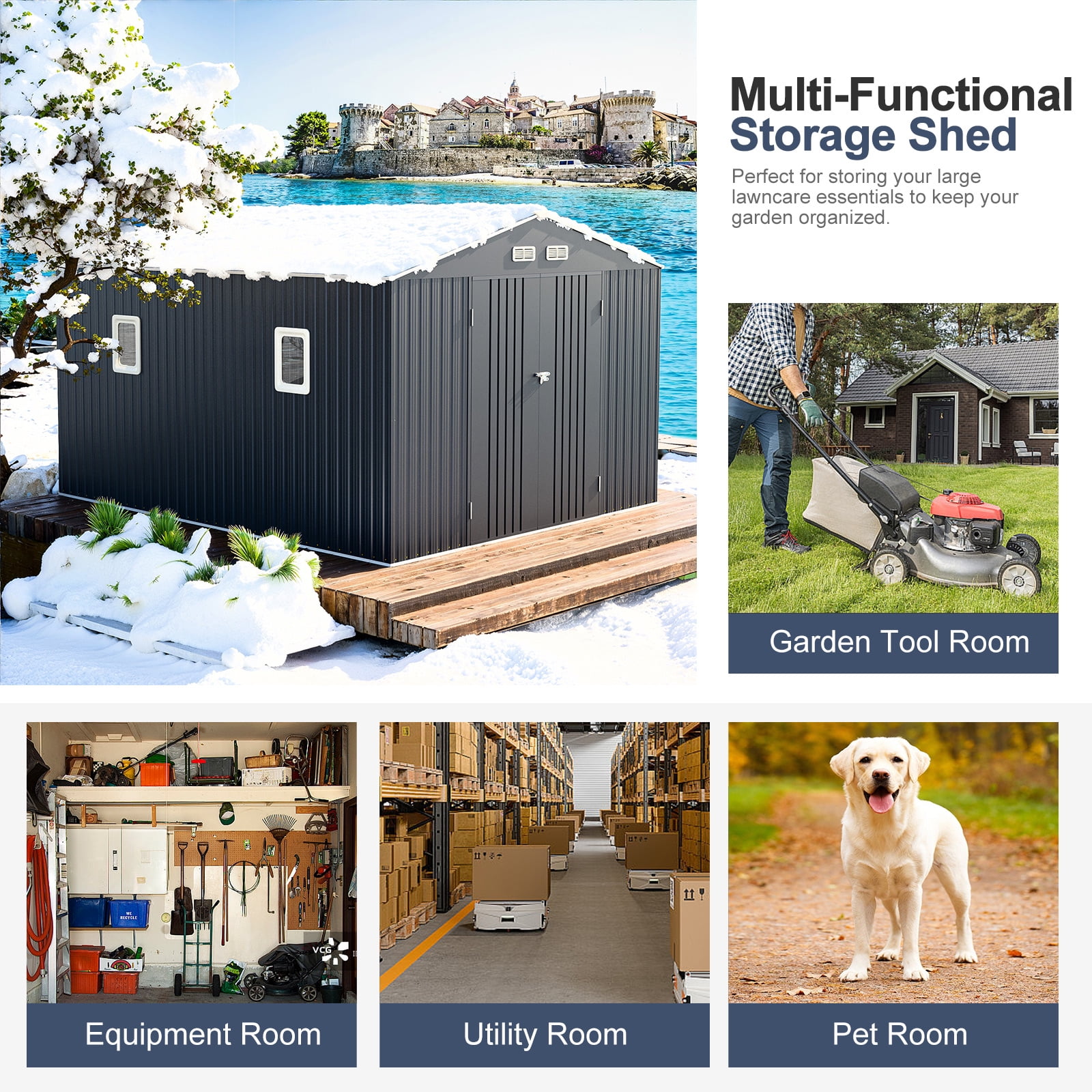 JULY'S SONG 10X12FT Outdoor Storage Shed, Metal Shed with 2 windows & Lockable doors for Lawn, Gray