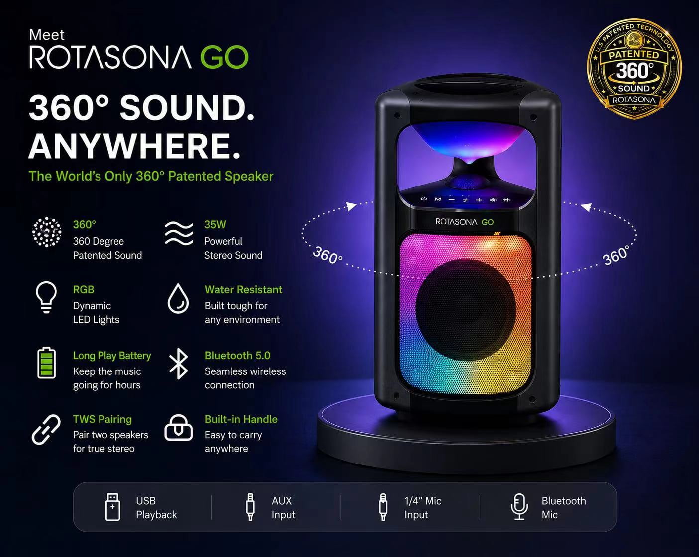 Rotasona Go Portable Bluetooth Party Speaker with RGB Lights, 360 Sound, Deep Bass, USB Playback, IPX4 Water Resistant, Black