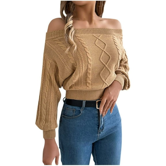 Ofreoo Women's Fashion NewWinter Leisure Solid Color Off-Shoulder Long-Sleeved Pullover Sweater