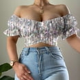 thumbnail image 4 of Blusa corta fruncida con hombros descubiertos y estampado de manga corta sin tirantes para mujer Pompotops hkajfhjk473544, 4 of 6