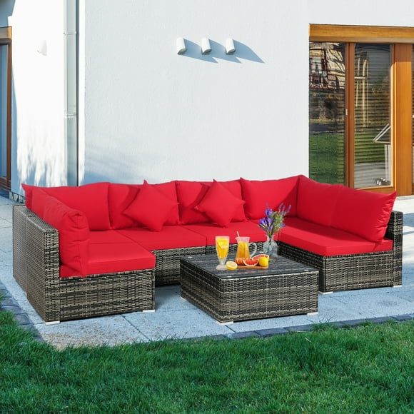 Patiojoy 7 Pcs Outdoor Patio Furniture Set All-Weather PE Rattan Sofa Set w/Coffee Table & Cushions Red