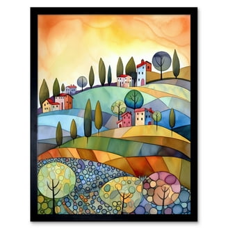 Multicoloured House Street In Autumn Contemporary Folk Art Painting Artwork Framed Print Wall Art 9x7 Inch