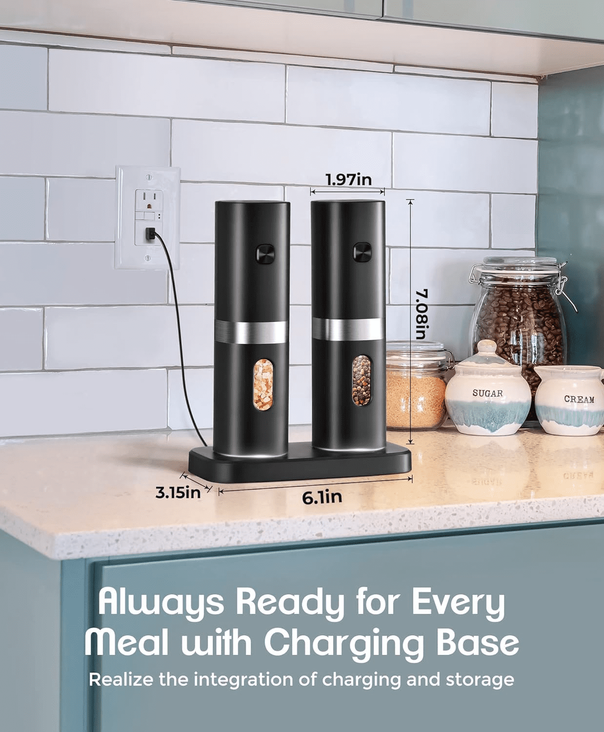 VicTsing Electric Salt and Pepper Grinder Set, Auto Pepper Mill Grinder with Charging Base & 4*Rechargeable Batteries, LED White Light, Adjustable Coarseness, for Kitchen & Outdoor, 2Pack